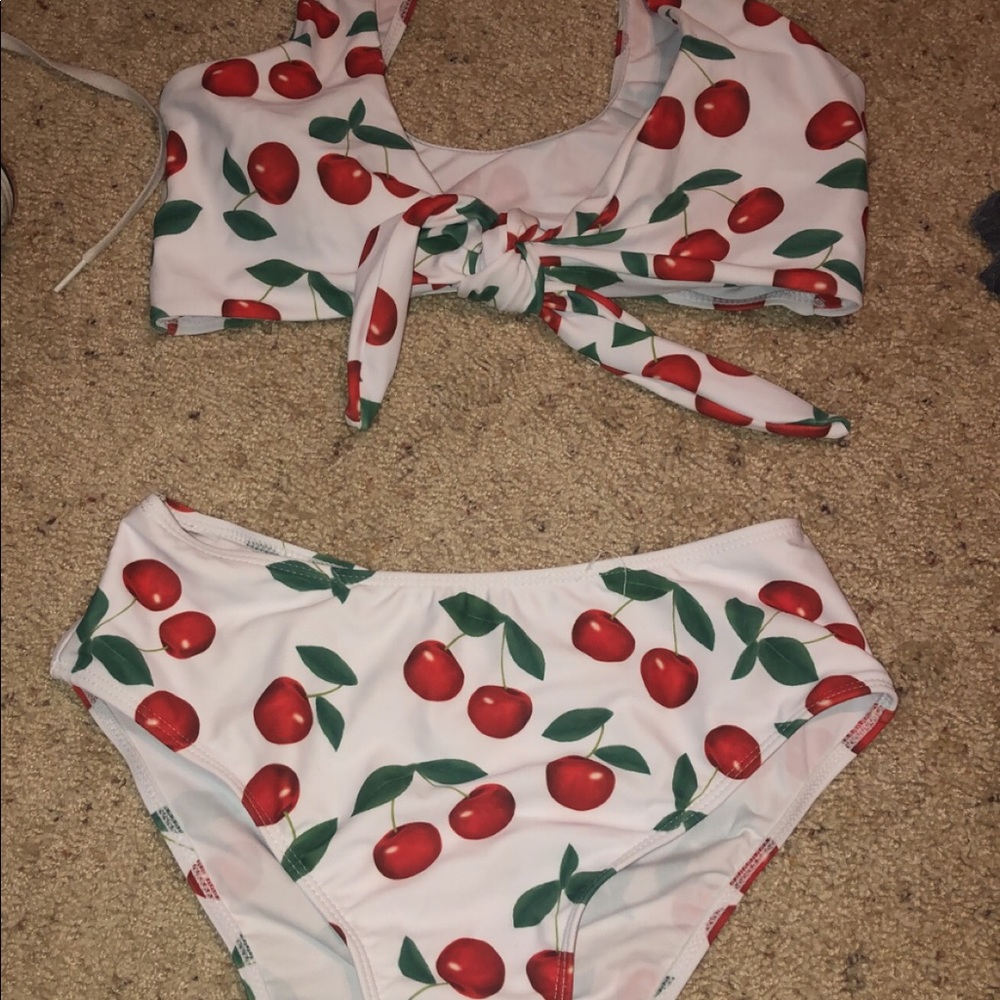 Cherry Print two-piece high waisted swim suit